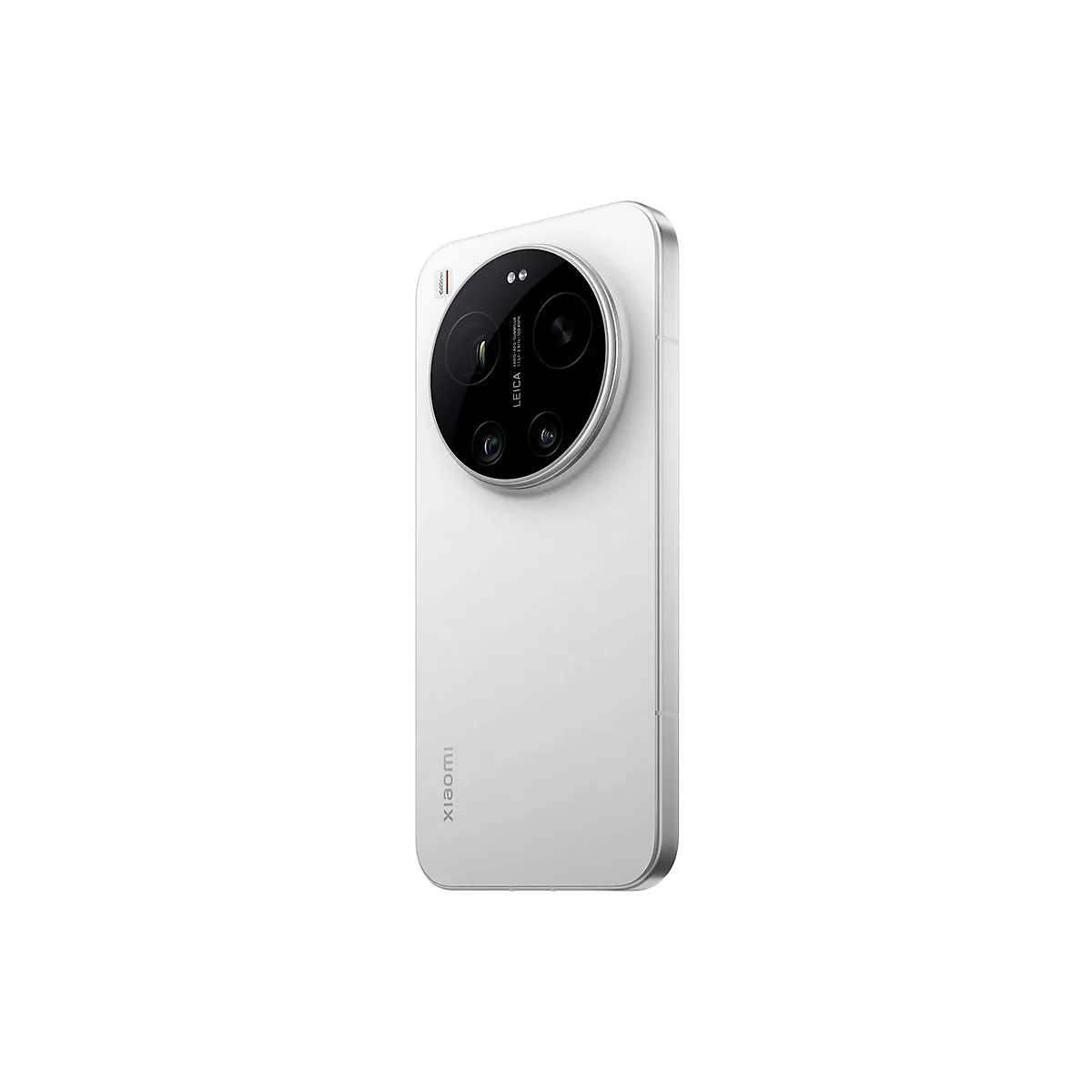 Weißes Smartphone mit schwarzem Kameramodul. Leica-Logo und Xiaomi-Schriftzug.