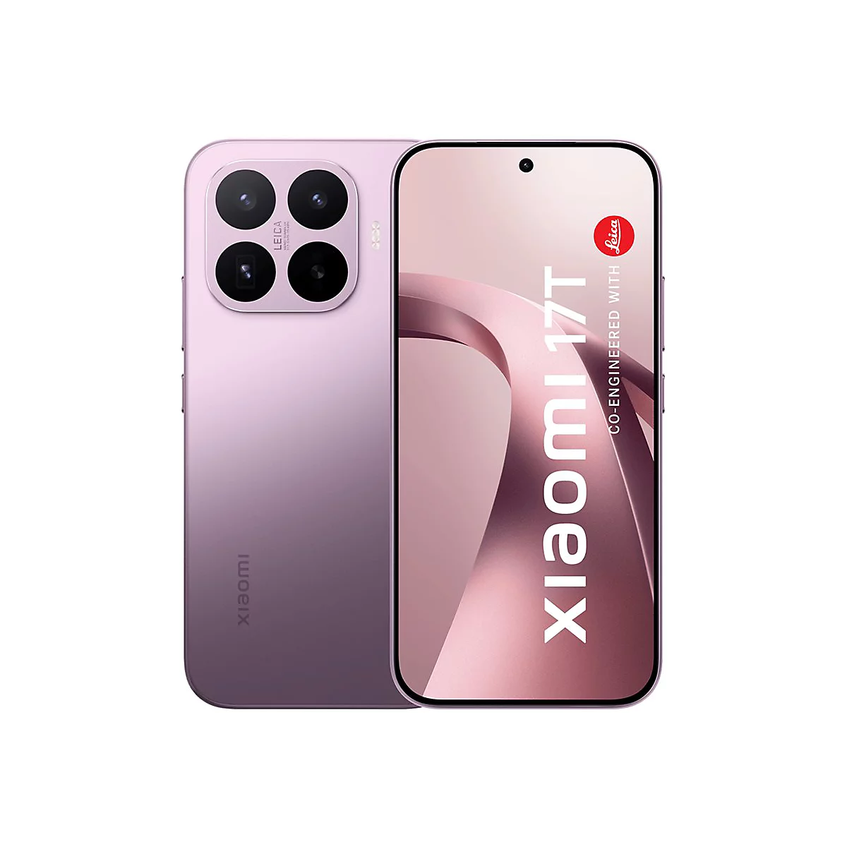 Rosa Xiaomi 17T Smartphone, Vorder- und Rückansicht mit quadratischem Kameramodul und Leica-Schriftzug.