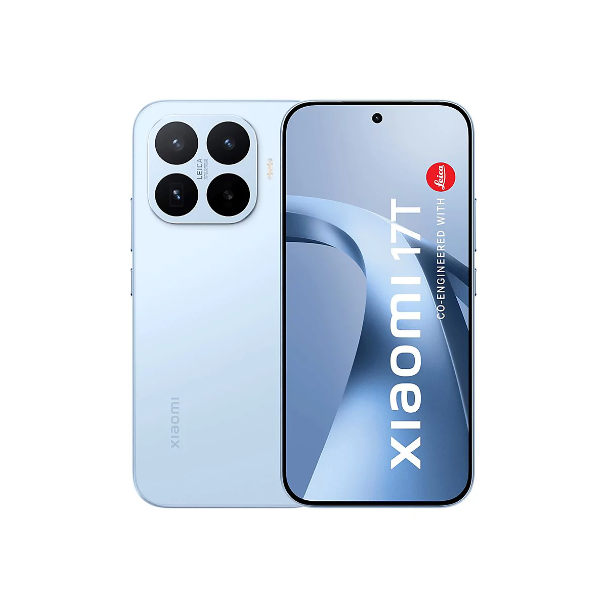 Hellblaues Xiaomi 17T Smartphone mit Leica-Kamerasystem auf der Rückseite vor weißem Hintergrund.