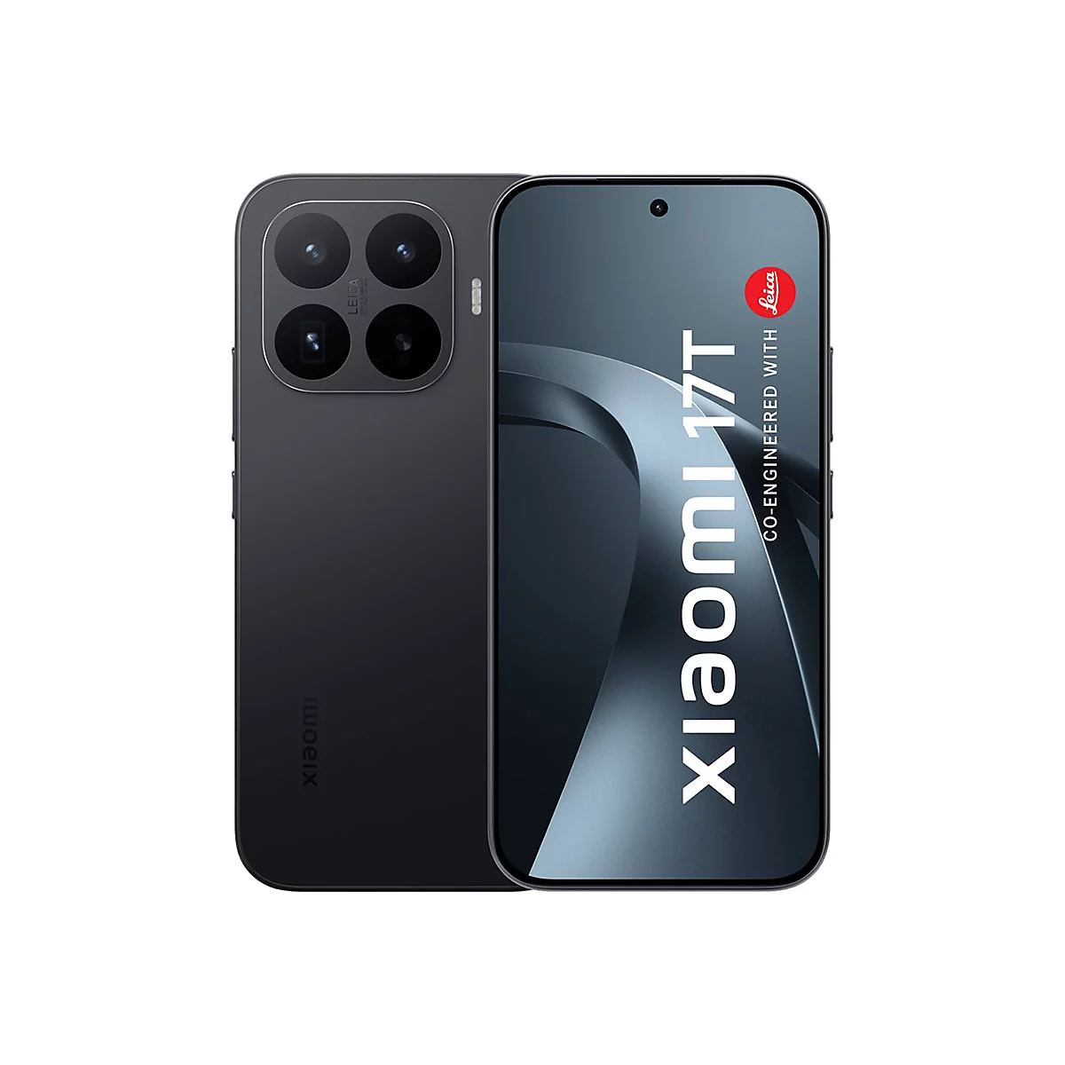 Xiaomi 17T Smartphone in Schwarz mit Leica-Kamera-Modul vor weißem Hintergrund.