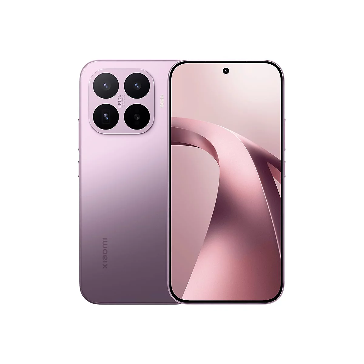 Ein rosa Xiaomi Smartphone mit vier Linsen auf der Rückseite vor einem weißen Hintergrund.