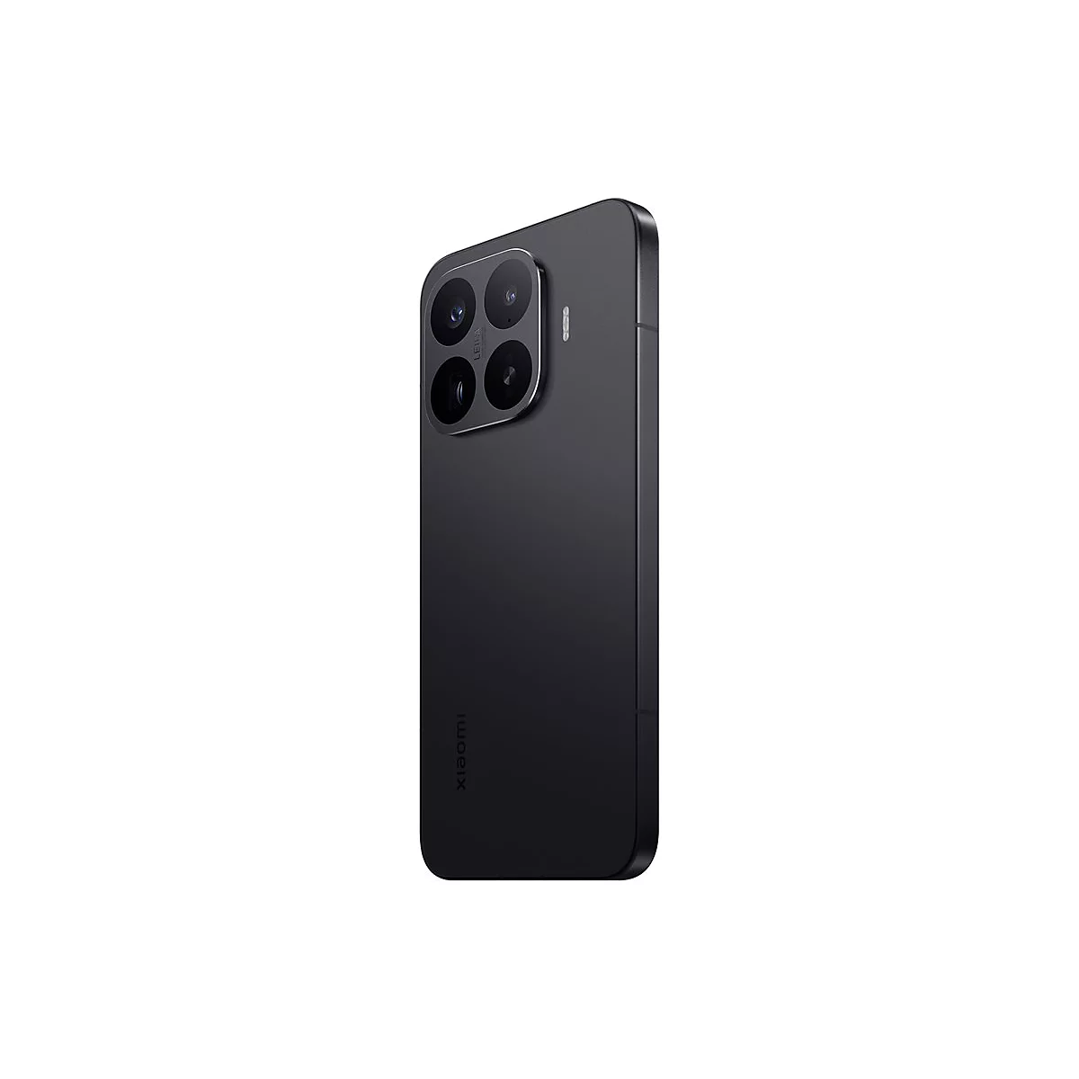 Schwarzes Xiaomi Smartphone in Rückenansicht mit markantem quadratischem Kameramodul und Leica-Schriftzug.