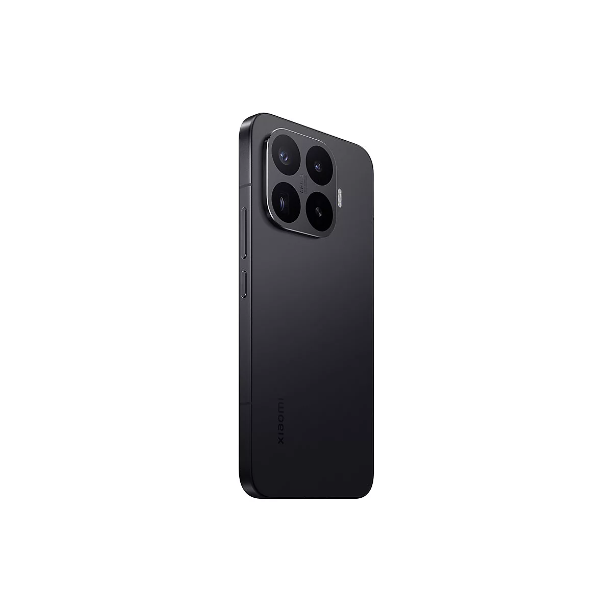 Rückseite eines schwarzen Xiaomi Smartphones mit markantem quadratischem Kameramodul auf weißem Hintergrund.
