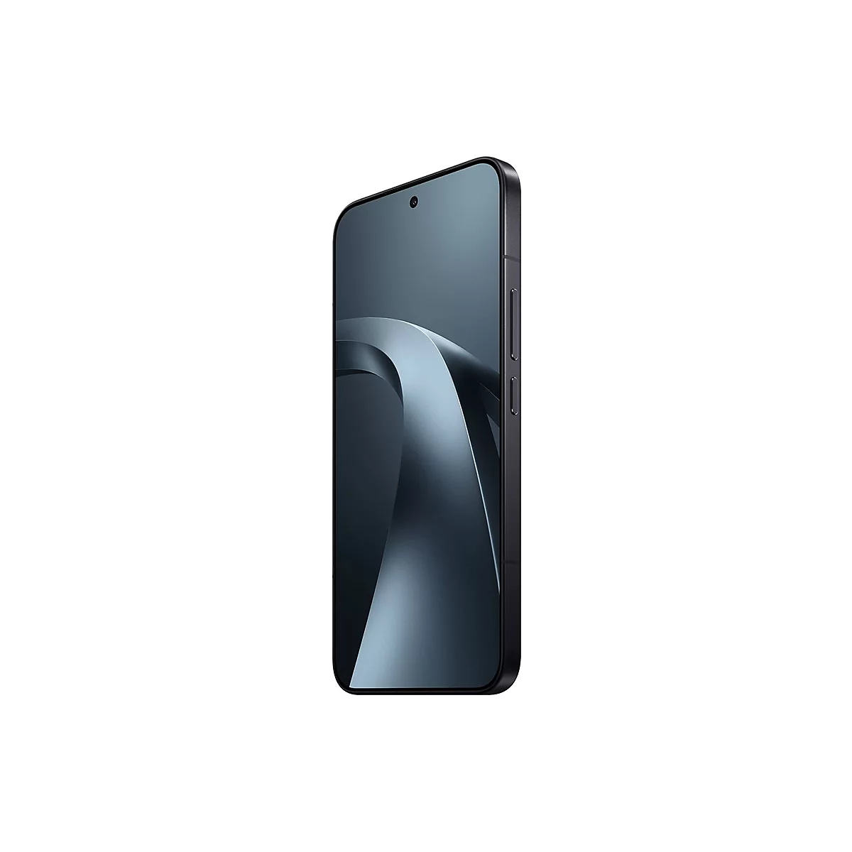 Schwarzes Smartphone in seitlicher Ansicht vor weißem Hintergrund mit abstraktem, blau-grauem Display-Design.