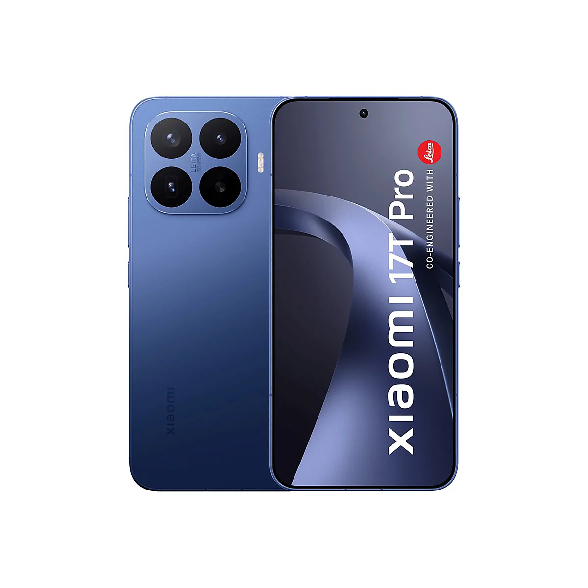 Blaues Xiaomi 17T Pro Smartphone mit vier Rückkameras und Leica-Schriftzug auf weißem Hintergrund.