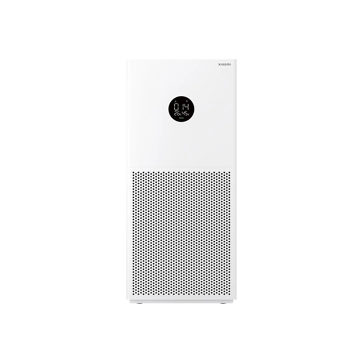 Weißer Xiaomi Luftreiniger mit rundem Display und gitterartiger Frontblende vor weißem Hintergrund.