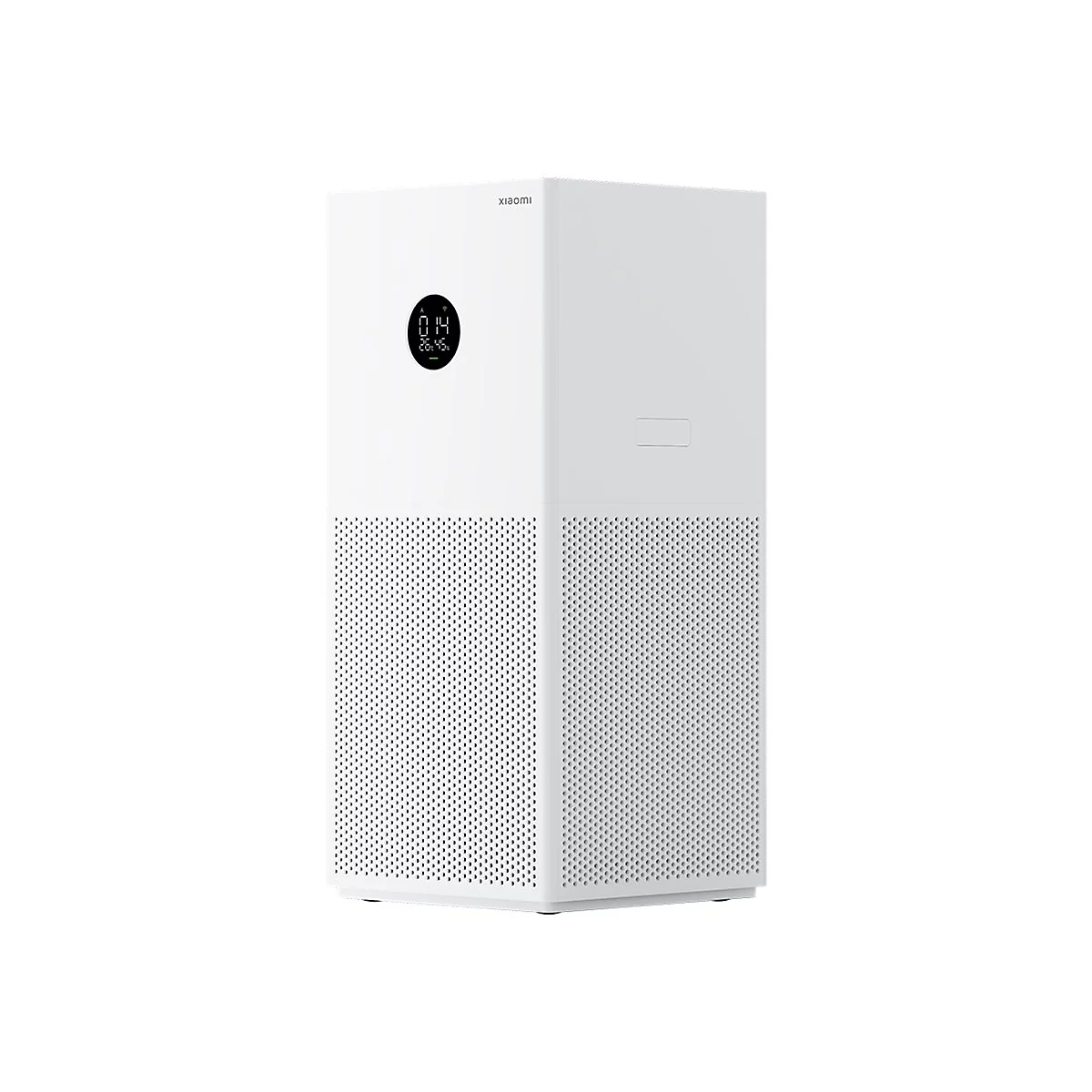 Weißer Xiaomi Luftreiniger mit quadratischem Design und rundem Display vor weißem Hintergrund.