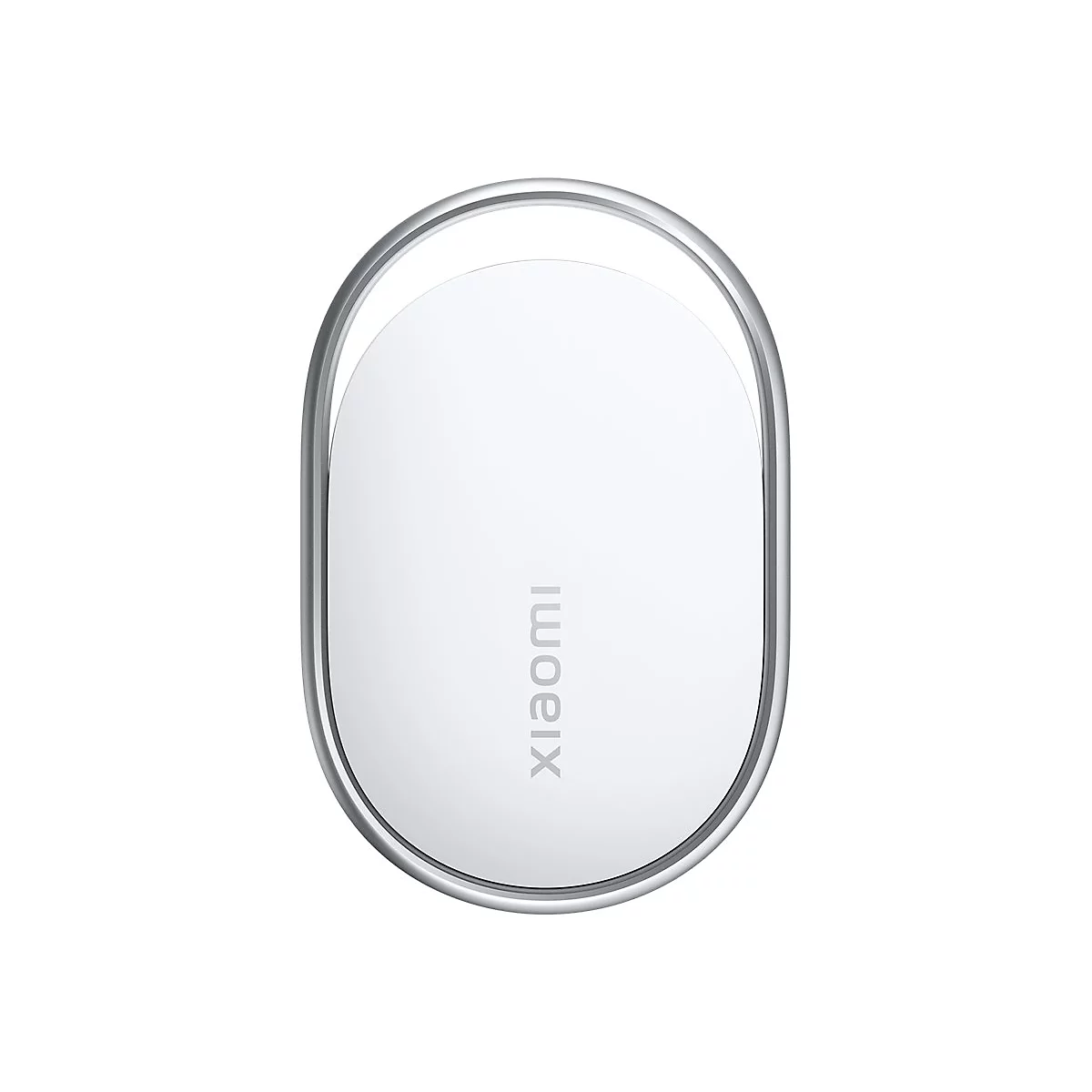 Kabelloses Xiaomi-Ladegerät, weiß, ovalförmig, mit silbernem Rand und Xiaomi-Logo.