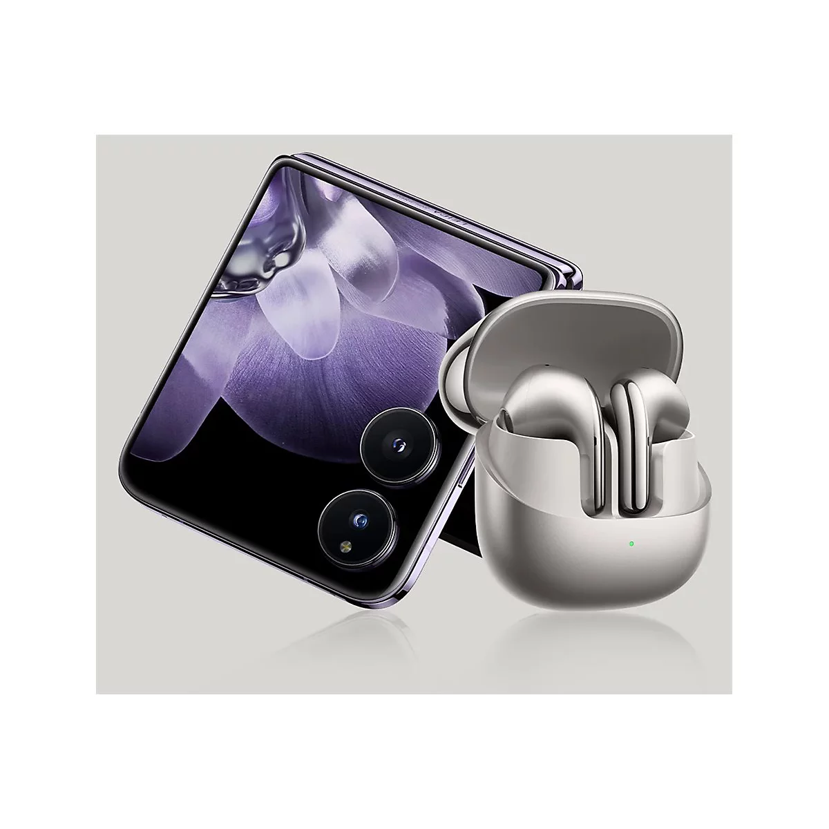 Smartphone mit lila Display und kreisfÃ¶rmigen Kameraobjektiven, neben silbernen In-Ear-KopfhÃ¶rern mit Ladecase.