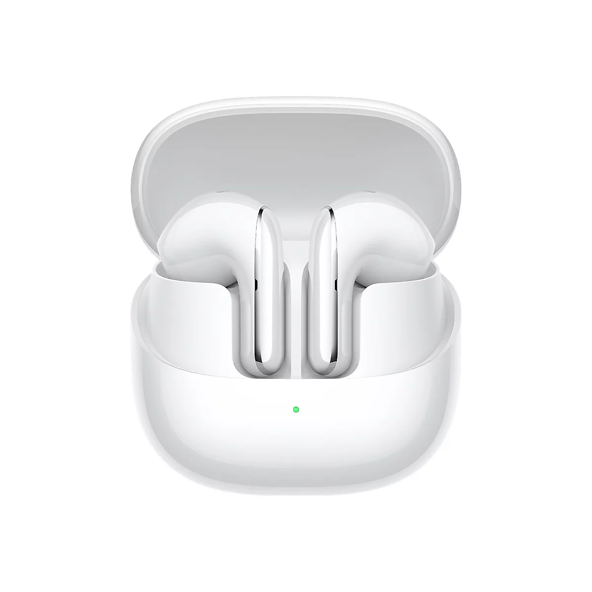 Ein weißes Ladecase mit zwei glänzenden weißen Bluetooth-Kopfhörern darin vor weißem Hintergrund.