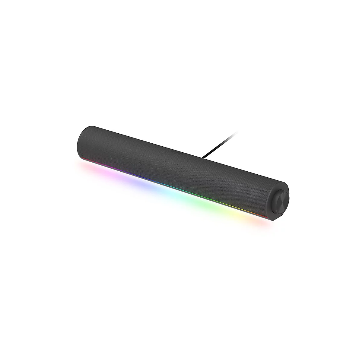 Schwarze, zylinderförmige Soundbar mit bunter RGB-Beleuchtung an der Unterseite und seitlichem Drehregler.