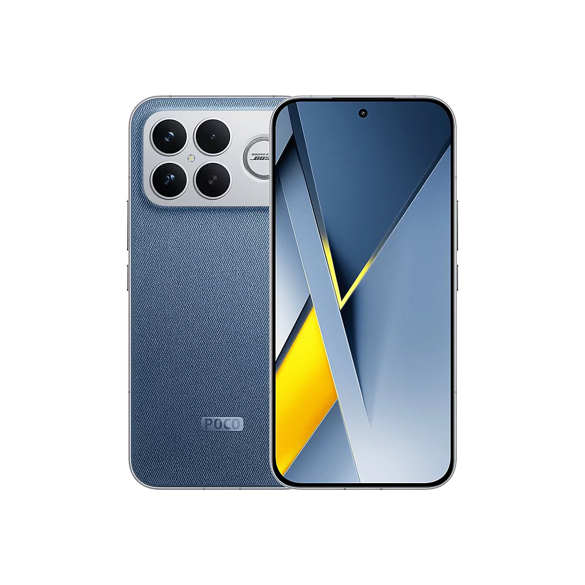 Blaues POCO Smartphone vor weißem Hintergrund. Rückseite zeigt Kamera-Modul, Vorderseite zeigt Display mit gelben Akzenten.