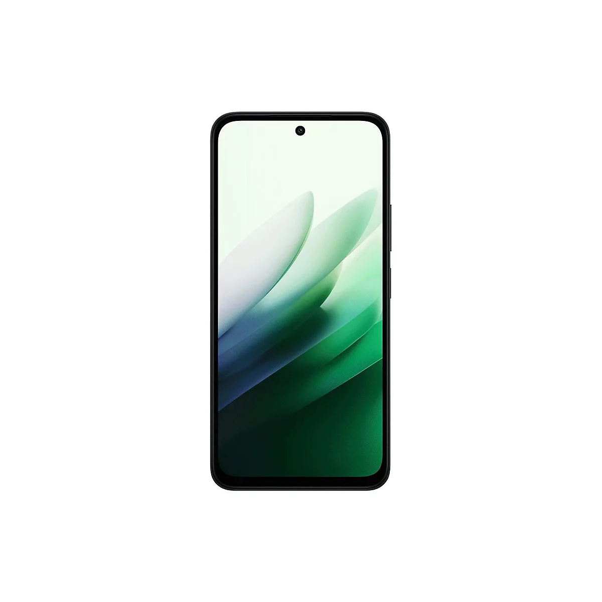 Schwarzes Smartphone mit großem Bildschirm. Auf dem Display grüne und weiße Wellenmuster. Oben mittig eine Frontkamera.