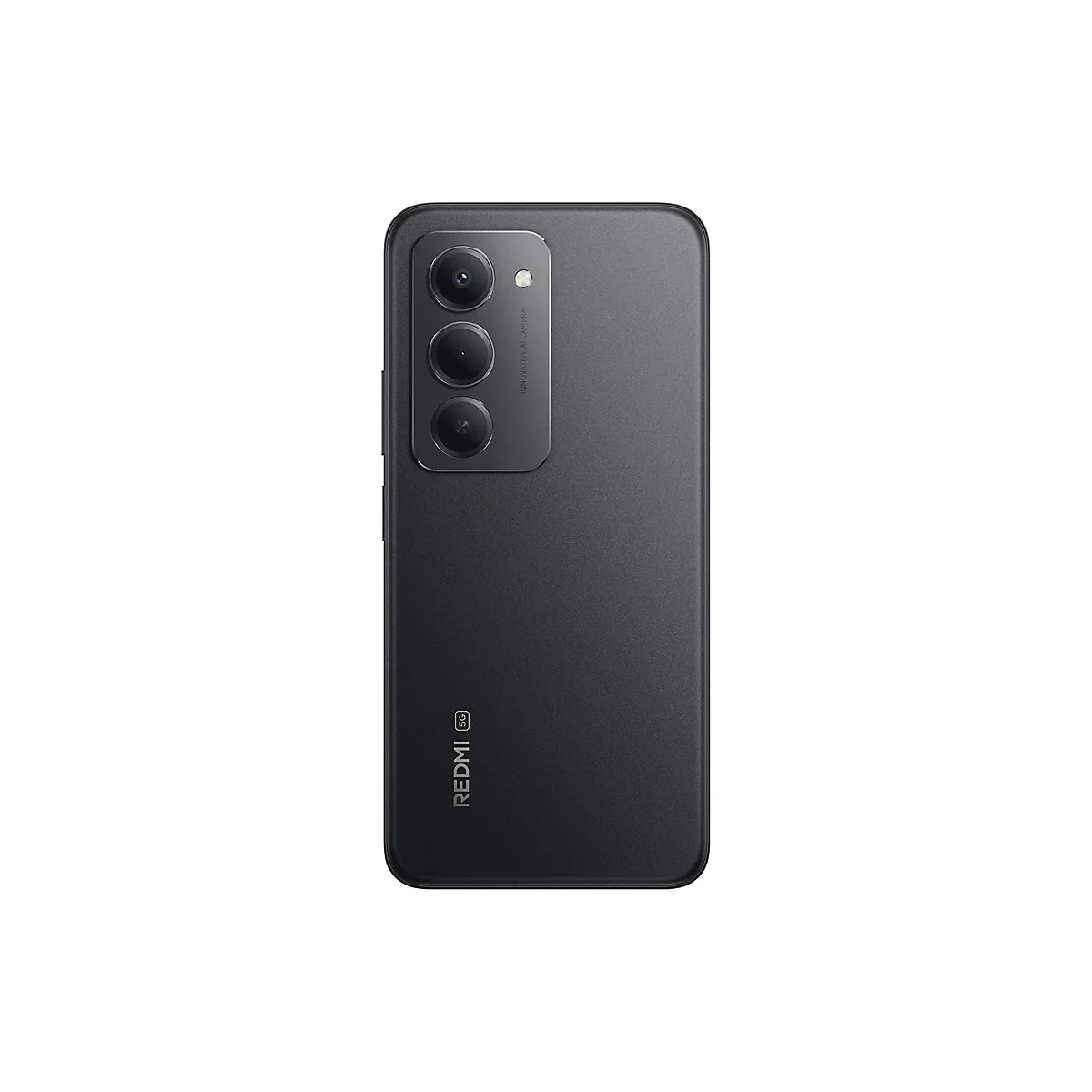 Schwarzes Smartphone, Rückseite, mit drei Kameras, Redmi-Logo und 5G-Symbol.