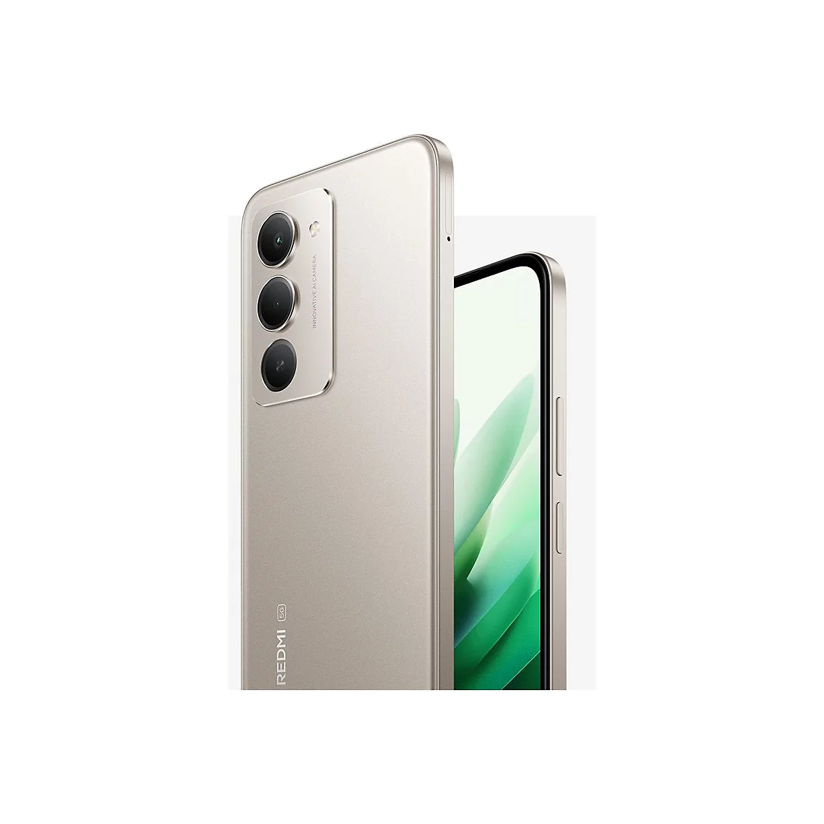 Beige Smartphone mit drei Kameras, 5G Logo, gegen weißem Hintergrund. Der Bildschirm zeigt ein grünes Muster.