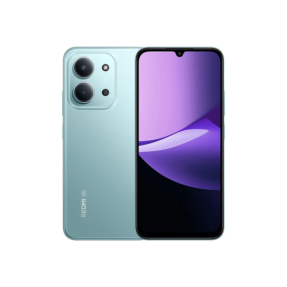 Hellblaues Smartphone von vorne und hinten. Zwei Kameras hinten, Bildschirm zeigt violette Farbübergänge.