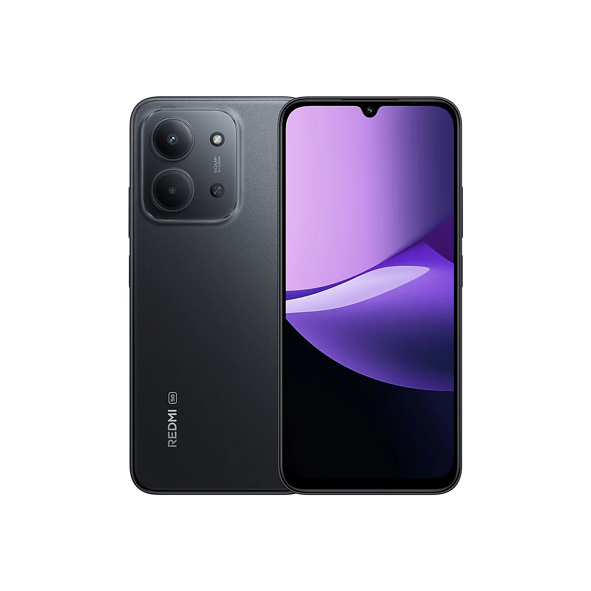 Ein schwarzes Smartphone mit lila Hintergrund, Rückseite mit Kameras, 5G-Logo und „Redmi“-Schriftzug.
