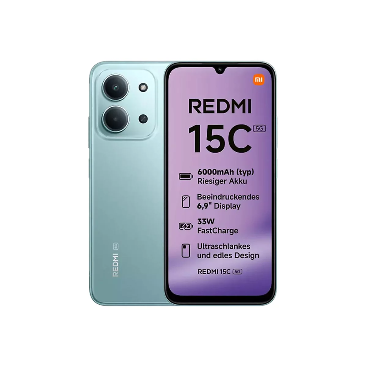 Ein hellblaues Smartphone, Display zeigt Textinformationen, wie "REDMI 15C 5G", "6000mAh Akku".