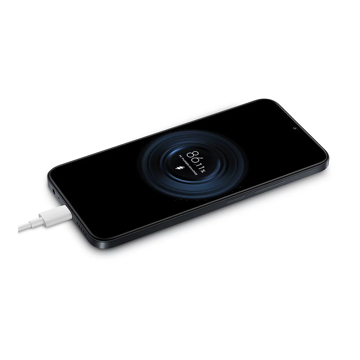 Schwarzes Smartphone, das mit einem weißen Kabel geladen wird. Der Bildschirm zeigt eine Ladeanimation mit 86,11 % und dem Schriftzug "Mi Turbo Charge".