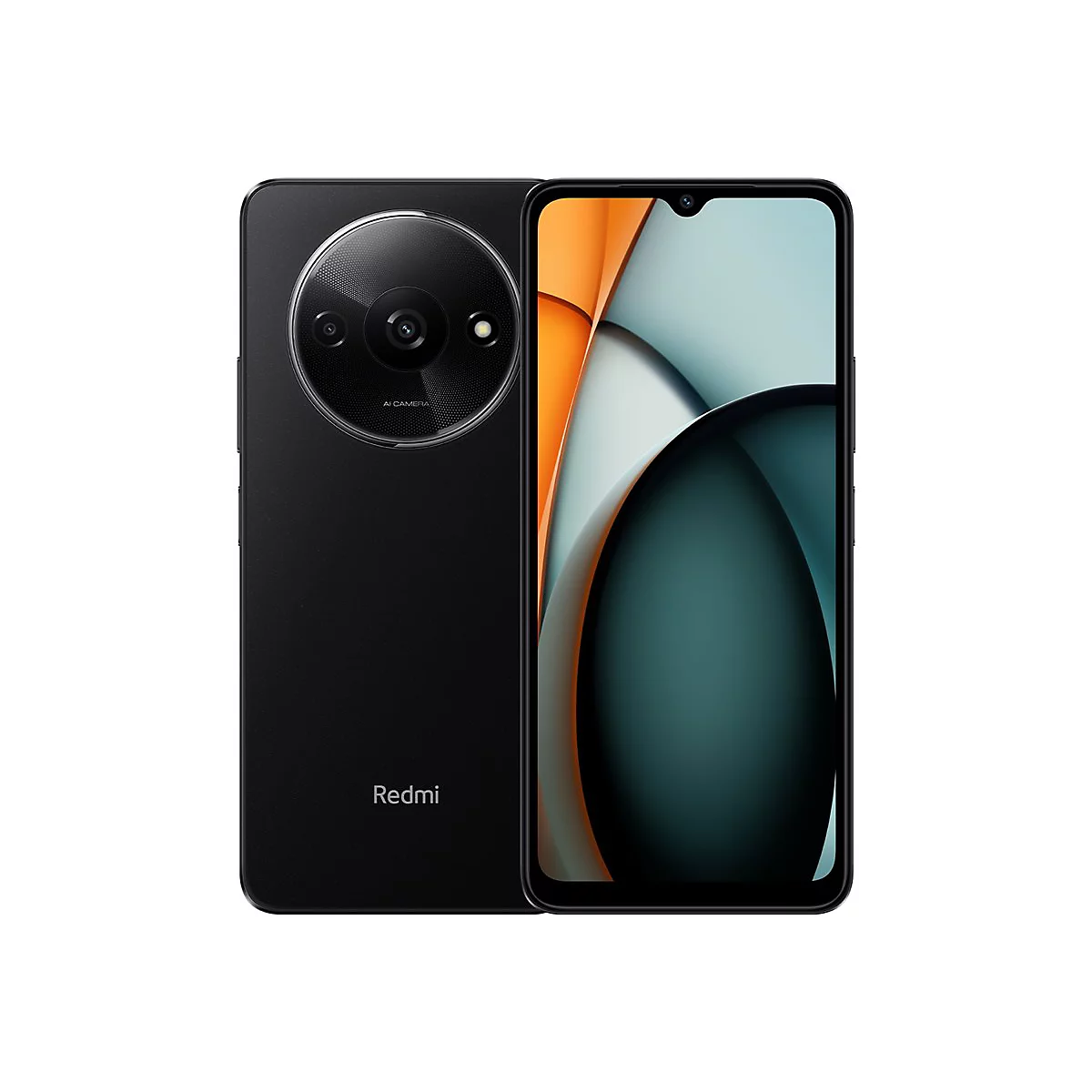 Schwarzes Smartphone mit groÃŸem Kameraobjektiv und Display, Marke Redmi.