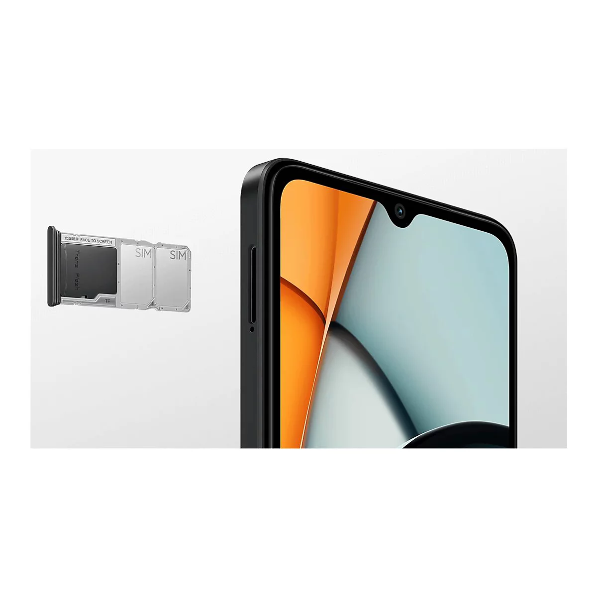 Nahaufnahme eines schwarzen Smartphones mit freiliegendem SIM-Karten-Schacht und teilweise sichtbarem Bildschirm mit orangen und blauen Tönen.