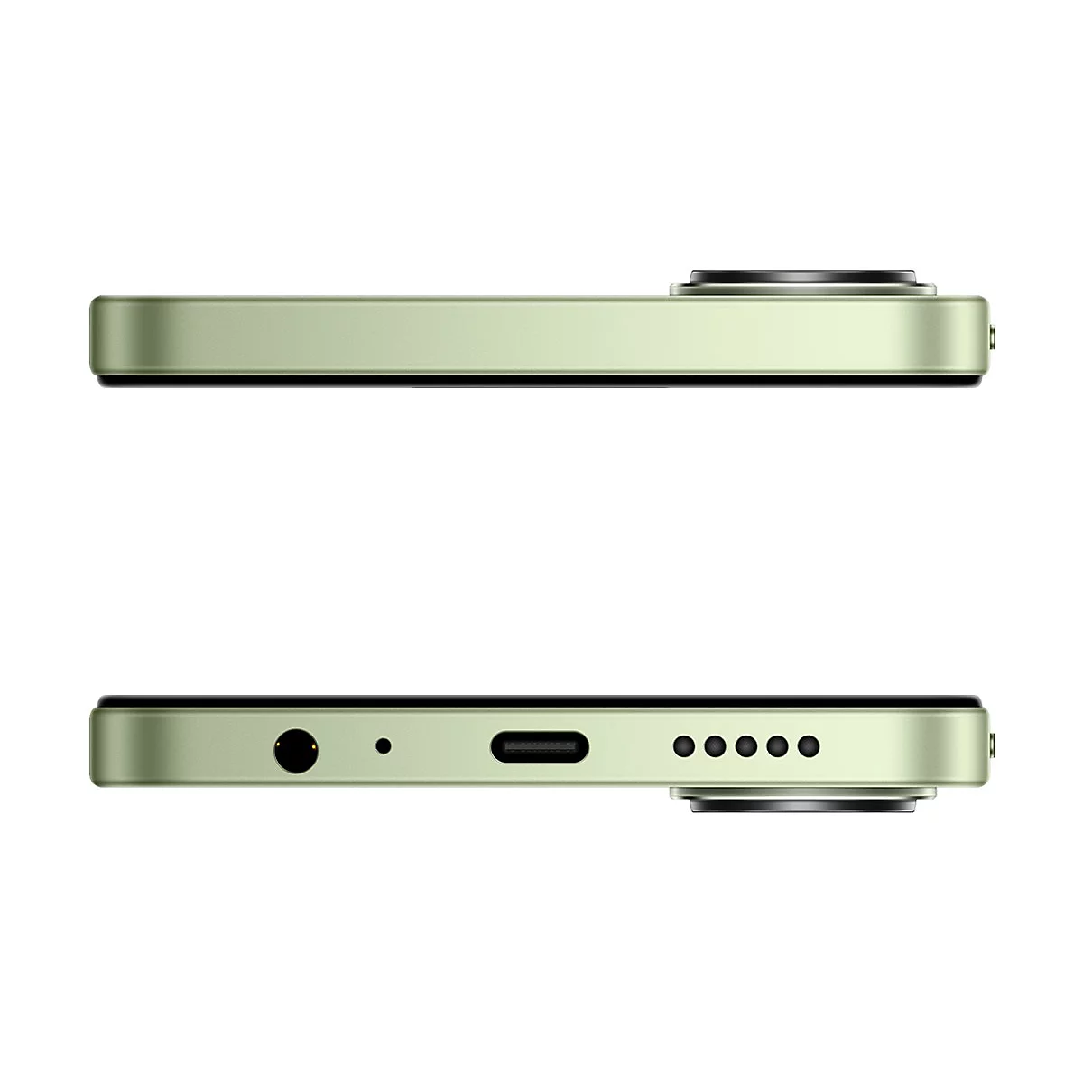 Ansicht der Unterseite und Oberseite eines hellgrünen Smartphones mit USB-C-Anschluss und Lautsprecher.