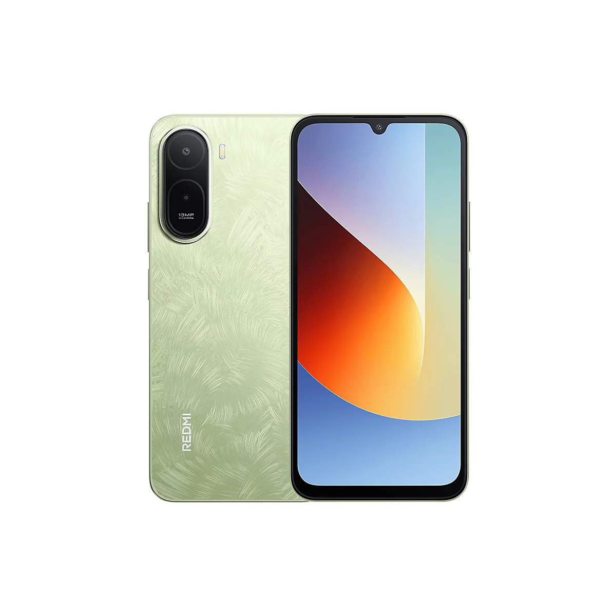 Hellgrünes Smartphone mit texturierter Rückseite und Kamera-Modul, Frontansicht zeigt farbenfrohes Display.