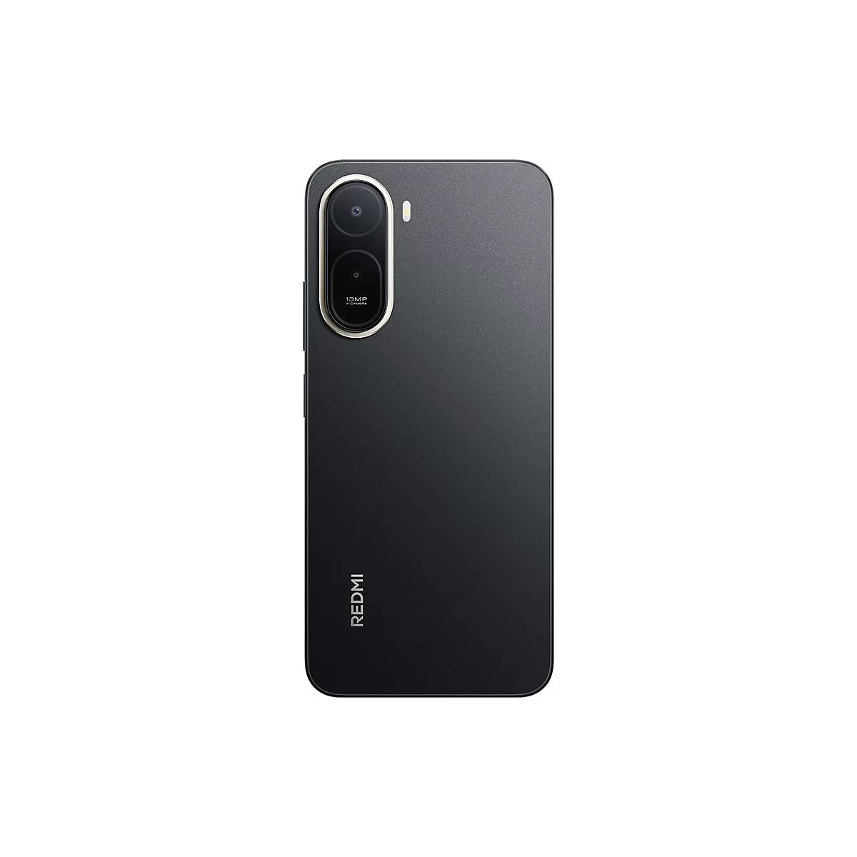 Schwarzes Smartphone, Rückseite, mit Kamera und „REDMI“-Schriftzug.