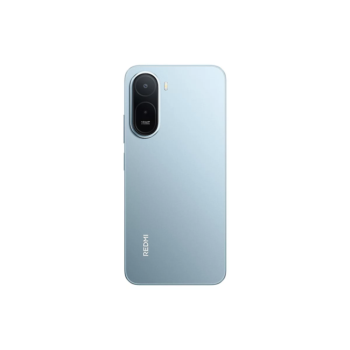 Hellblaues Smartphone von hinten. Oben links zwei Kameras und der Schriftzug "13MP AI CAMERA". Der Name "Redmi" ist unten vertikal.