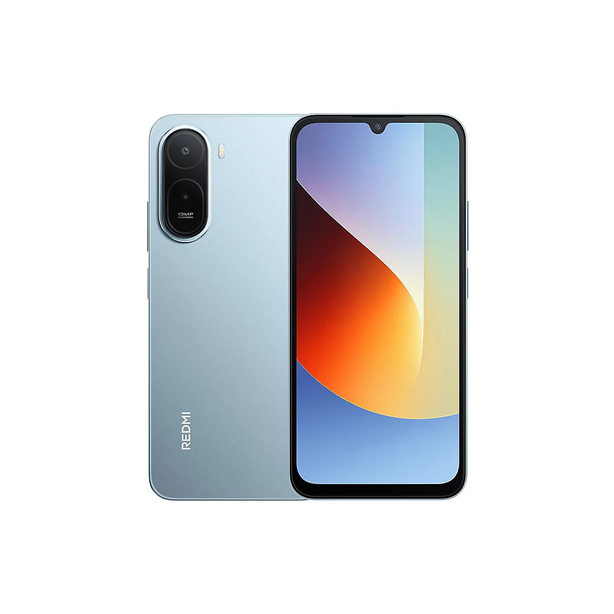 Hellblaues Smartphone von Redmi, Rückseite und Display sichtbar. Auf der Rückseite 2 Kameras und das Redmi Logo.