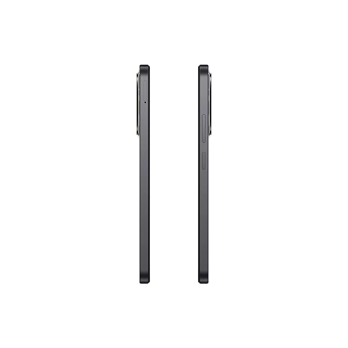 Zwei schwarze Smartphones von der Seite, vor weißem Hintergrund. Man sieht die Knöpfe und die Kamera.