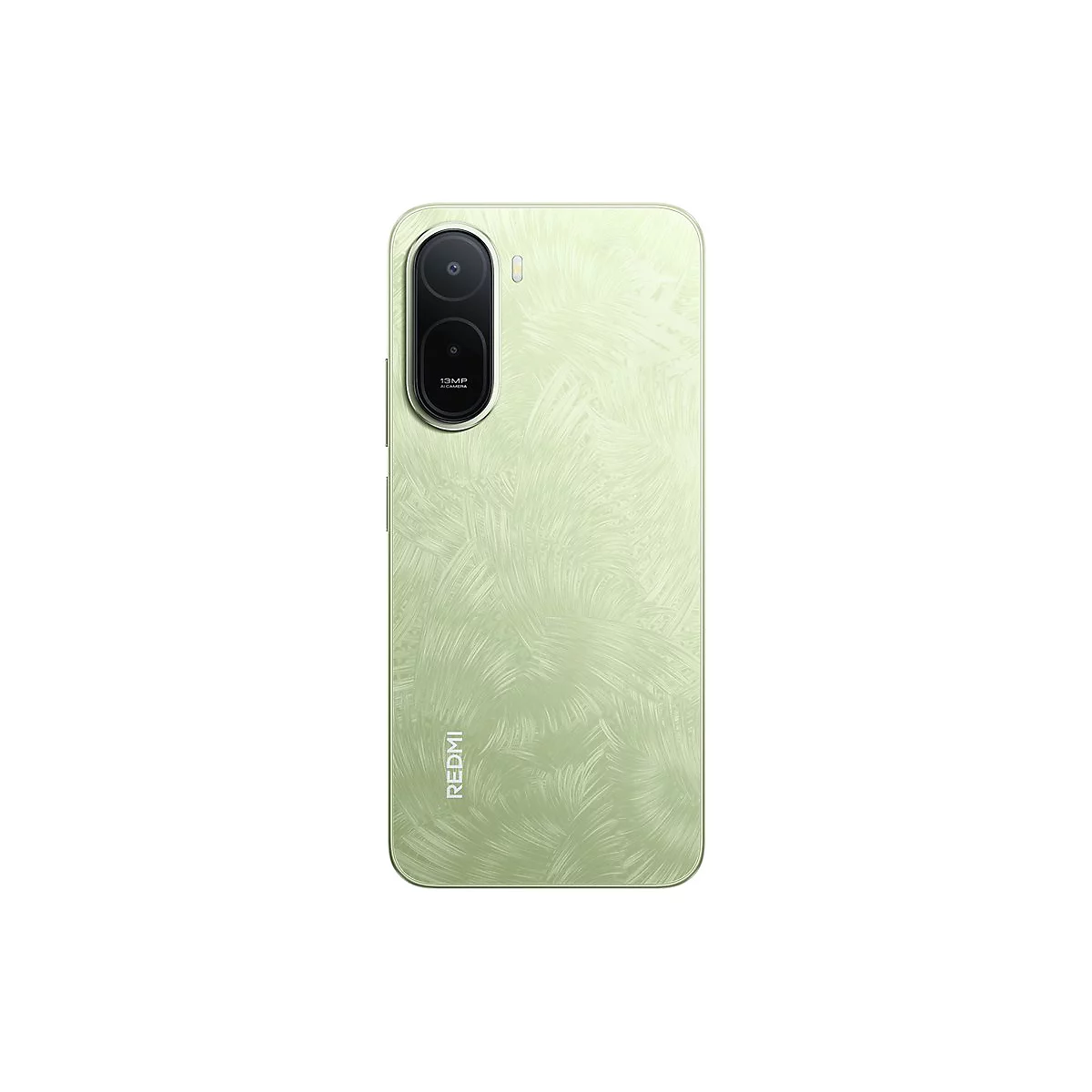 Rückseite eines hellgrünen Redmi Smartphones mit gemustertem Gehäuse und ovalem Kamera-Modul.