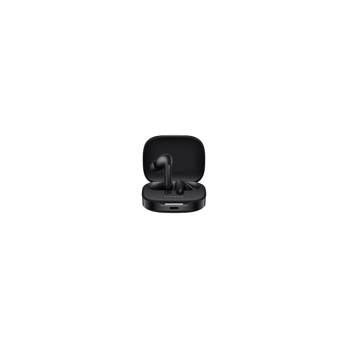 Schwarze kabellose KopfhÃ¶rer in einer offenen Ladebox, Text: Dual Driver Sound.