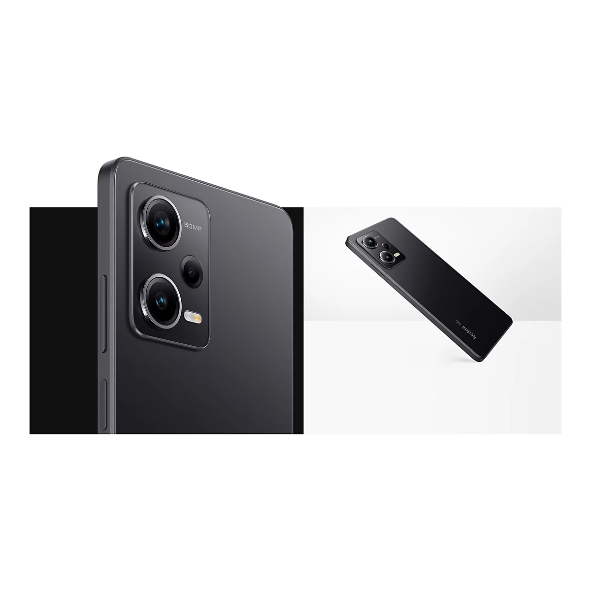 Dunkelgraues Smartphone, detailreich dargestellt. Fokus auf der Kamera mit 50MP-Aufschrift und dem roten Redmi-Logo.