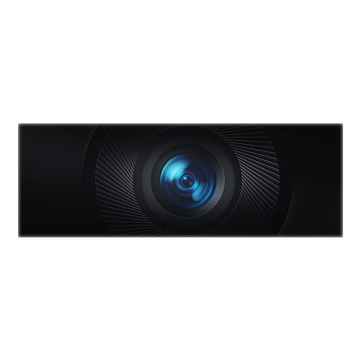 Nahaufnahme einer schwarzen Webcam mit einem blauen Linsenzentrum, umgeben von einem geriffelten Design.