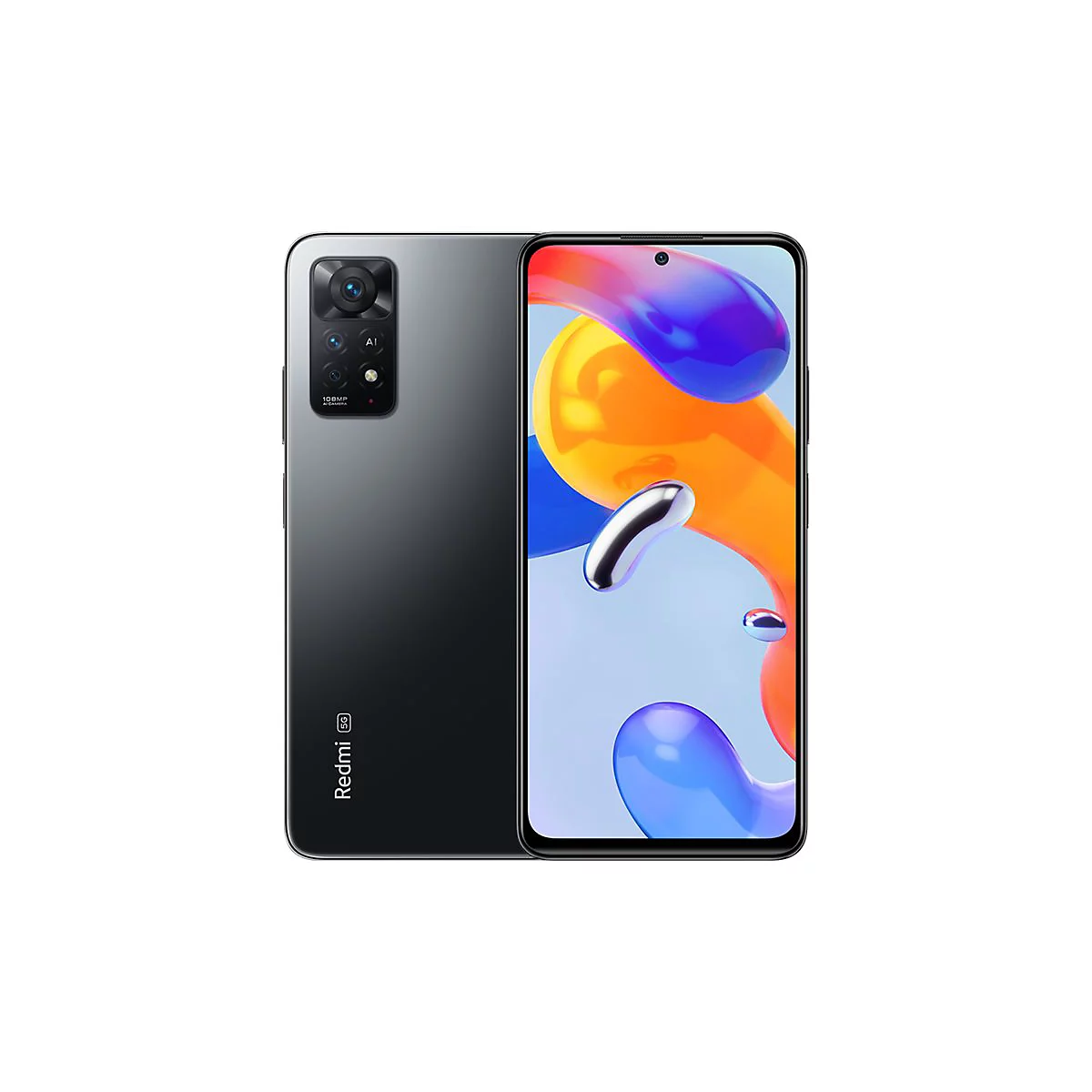 Ein schwarzes Smartphone wird von vorne und hinten gezeigt. Das Display zeigt eine bunte, abstrakte Grafik.