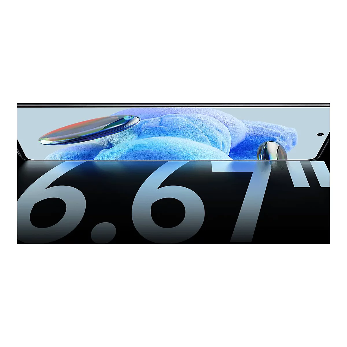 Nahaufnahme eines Smartphones mit abgerundeten Ecken, das einen Bildschirm mit der Aufschrift 6,67 Zoll zeigt.