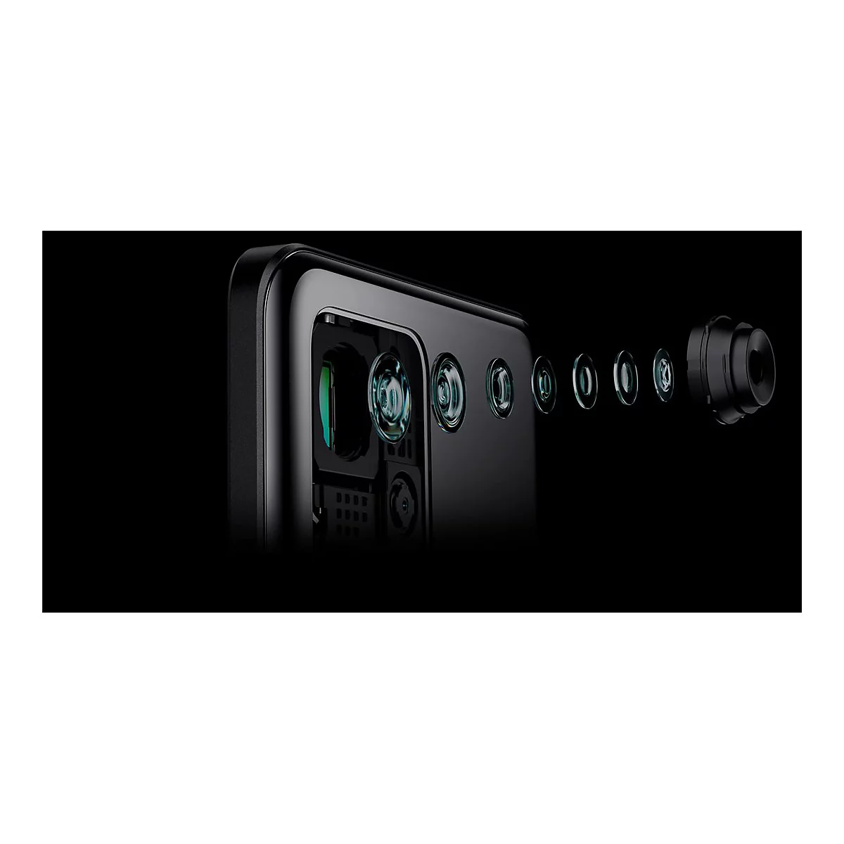 Detailaufnahme eines schwarzen Smartphones. Die Kameralinsen sind hervorgehoben und einige Linsen sind aus dem Gehäuse herausgerückt.