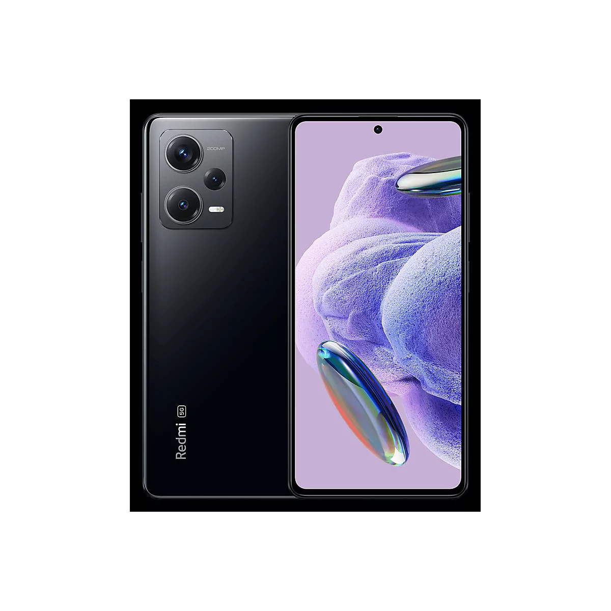 Schwarzes Smartphone mit 3 Kameras auf der Rückseite und einem lila Bildschirmhintergrund. Logo "Redmi 5G".