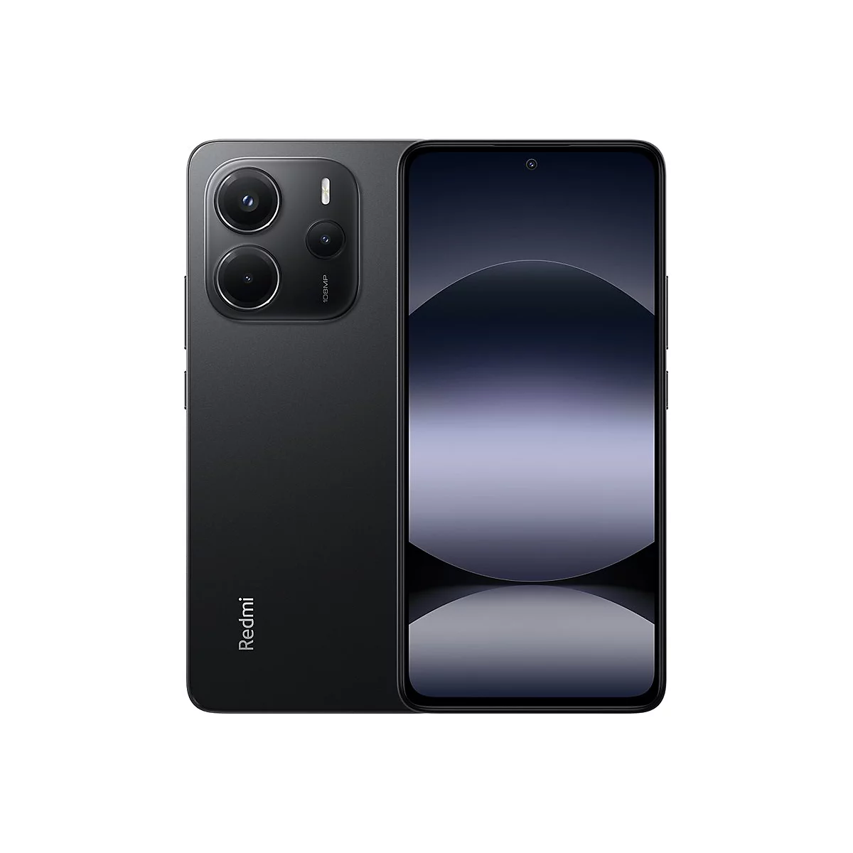 Schwarzes Smartphone mit drei Kameras, Redmi-Logo. Der Bildschirm zeigt ein violettes abstraktes Design.