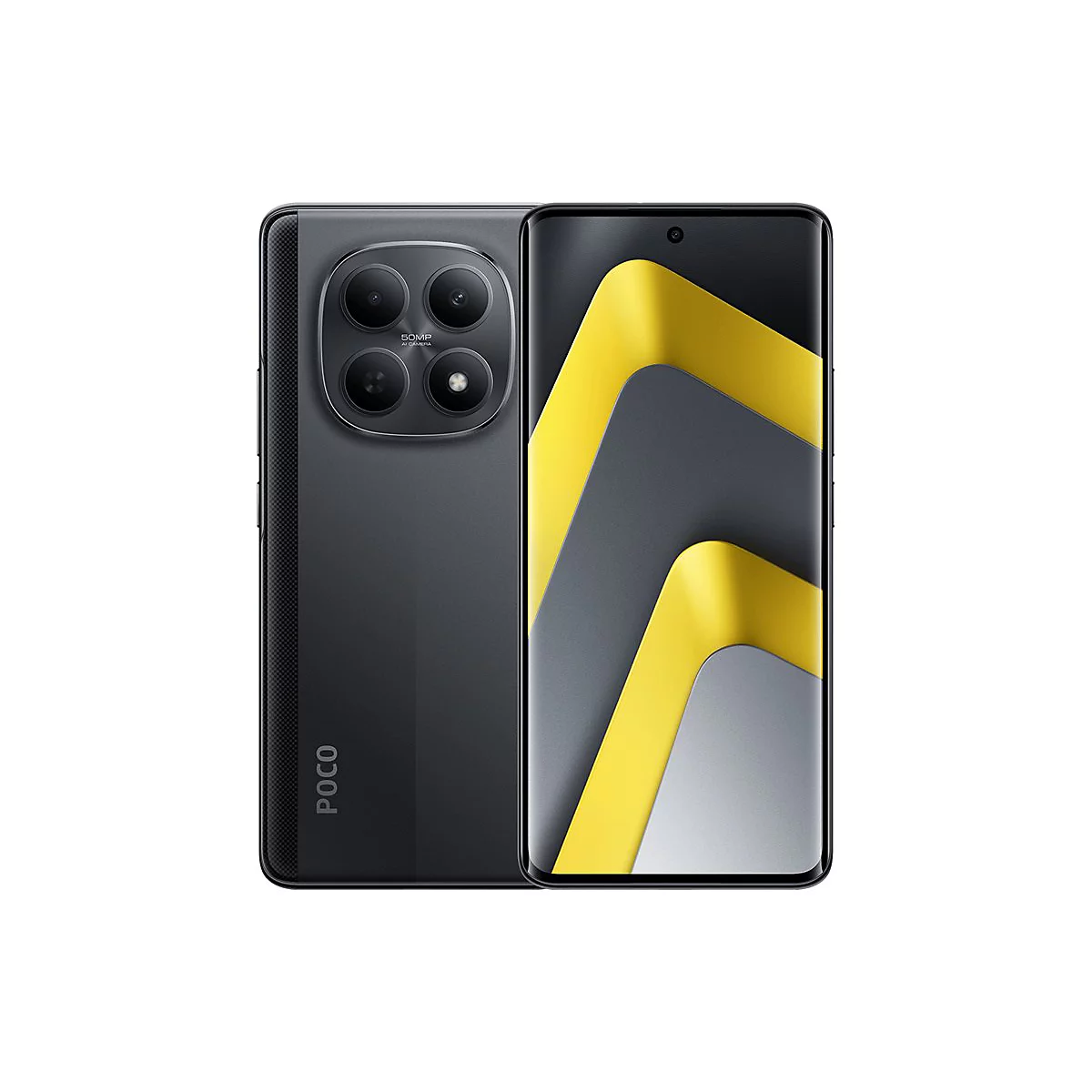Schwarzes Poco Smartphone mit 50MP-Kamera und gelb-grauem Display-Design vor weißem Hintergrund.