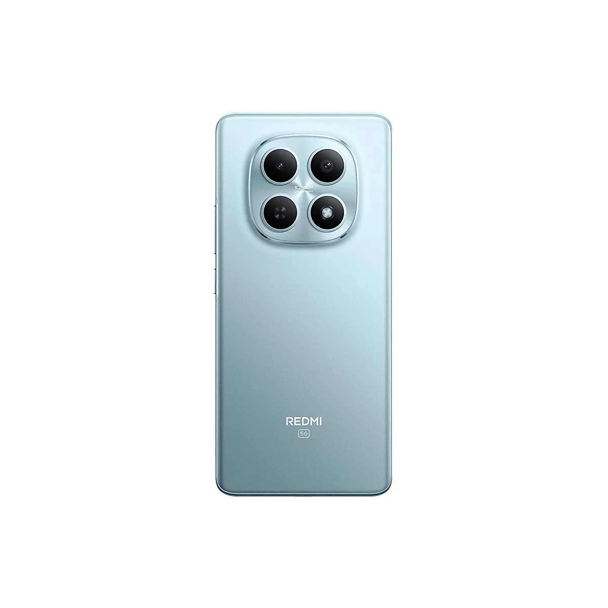 Rückseite eines hellblauen Redmi 5G Smartphones mit vier Kameralinsen in einem quadratischen Modul.