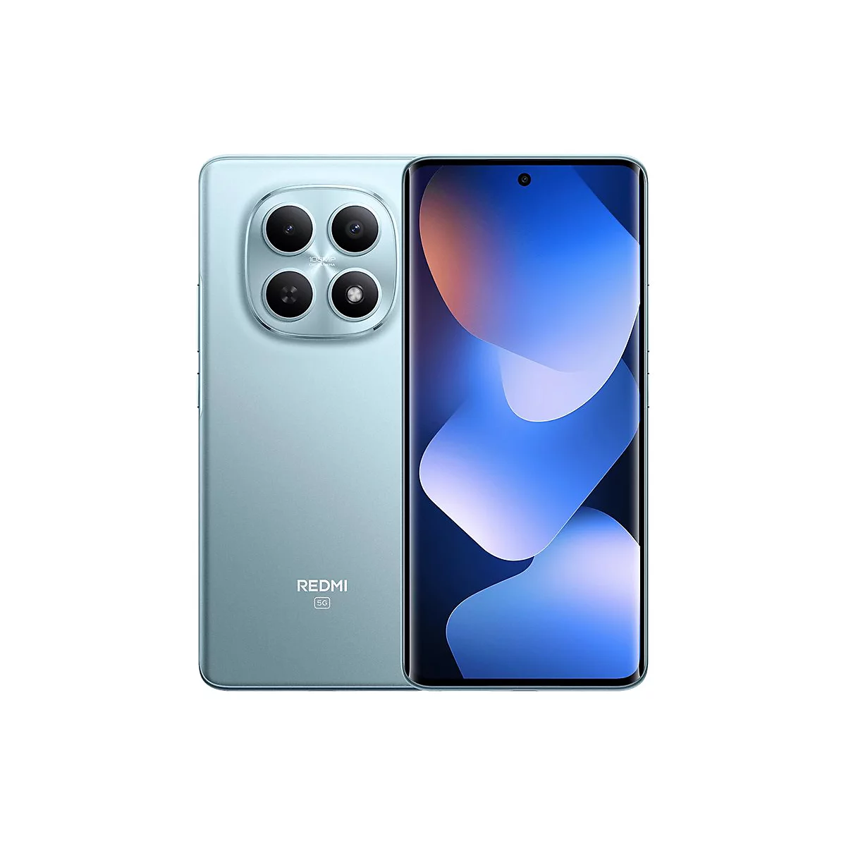 Helles Smartphone in Hellblau mit Vierfach-Kamerasystem auf der Rückseite und Displayansicht.