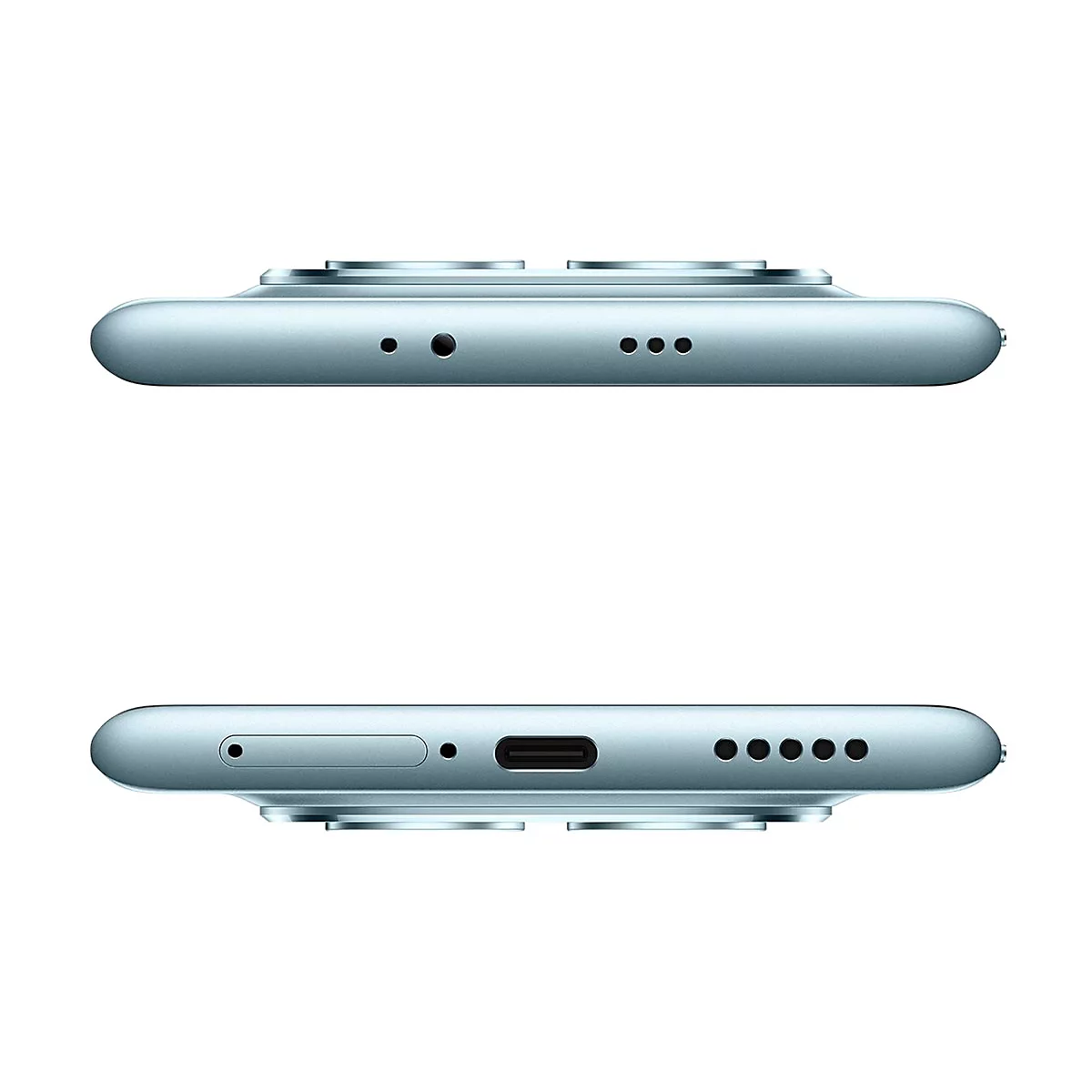 Ober- und Unterseite eines hellblauen Smartphones mit Kameraausbuchtung, Mikrofonöffnungen, USB-C-Anschluss und Lautsprecher.