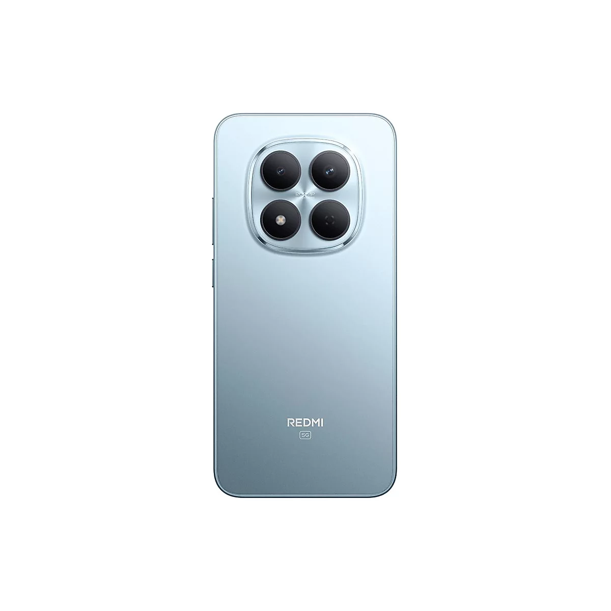 Hellblaues Smartphone von hinten. Vier Linsen in einem runden Modul, darunter der Schriftzug „REDMI“.