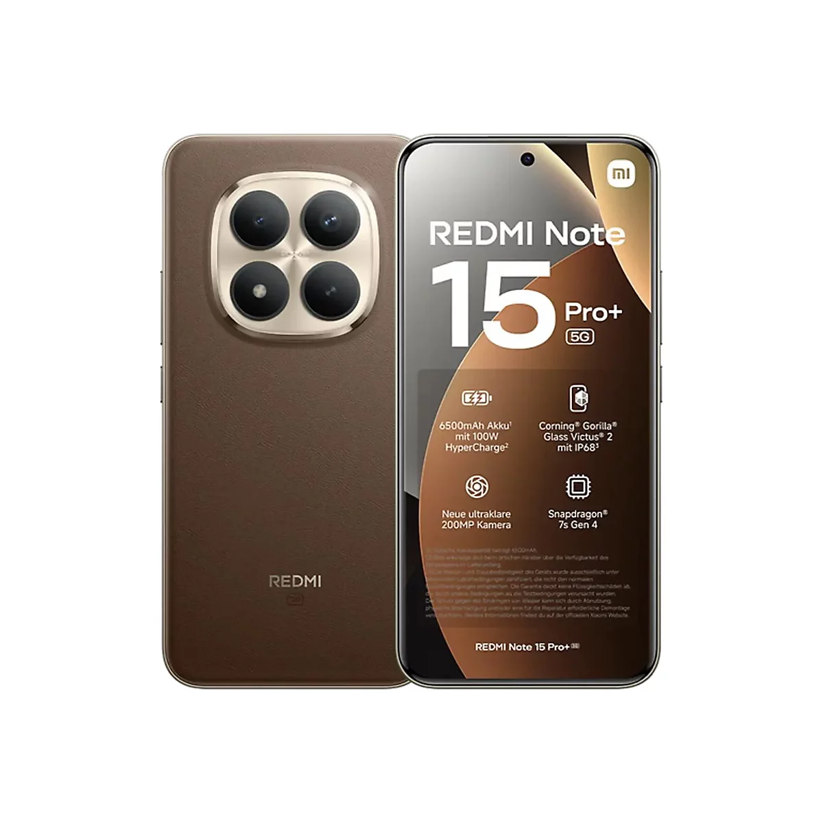 Xiaomi Redmi Note 15 Pro+ 5G Smartphone in Braun mit technischer Spezifikationsgrafik auf dem Display.