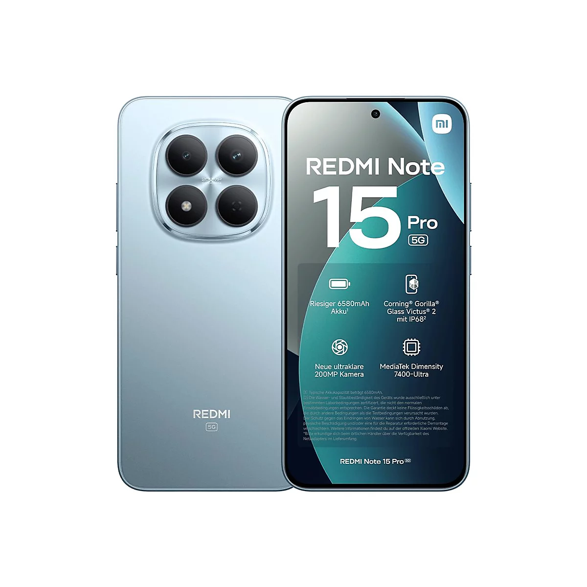 Hellblaues Redmi Note 15 Pro 5G Smartphone von vorne und hinten, mit technischen Spezifikationen auf dem Display.