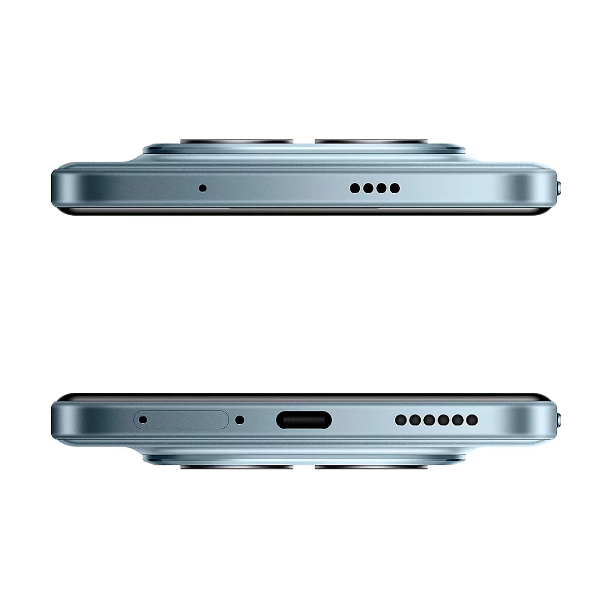 Zwei Ansichten eines Smartphones: Ober- und Unterseite. Das Gerät ist hellblau mit schwarzen Akzenten und verfügt über mehrere Öffnungen und Anschlüsse.
