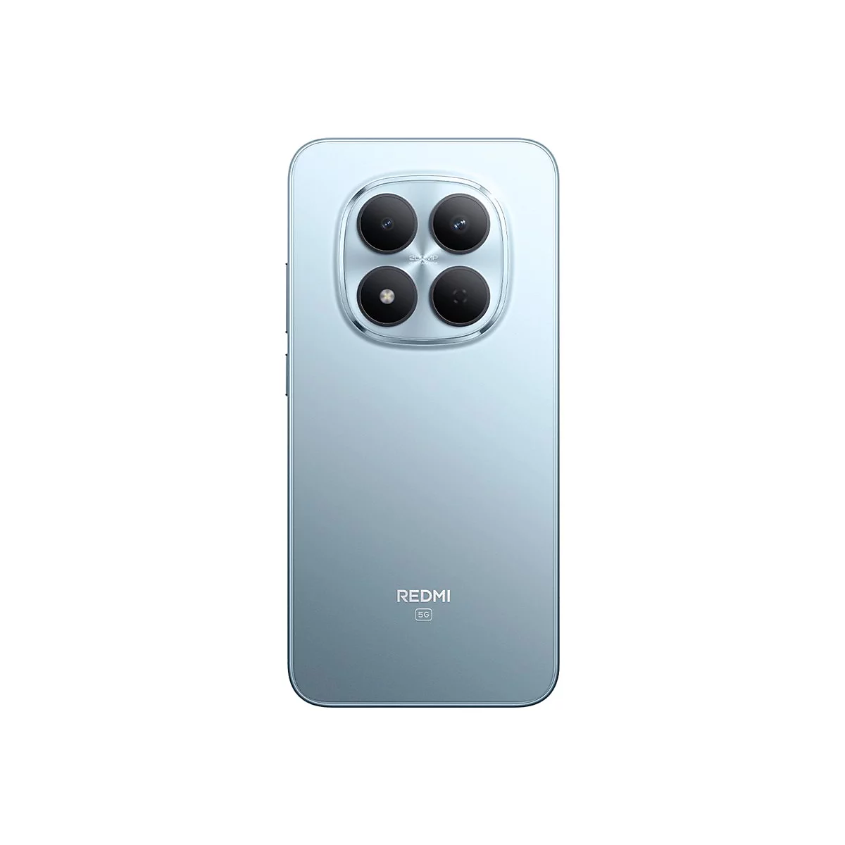 Rückseite eines hellblauen Redmi 5G Smartphones mit vier Kameralinsen in einem quadratischen Modul.