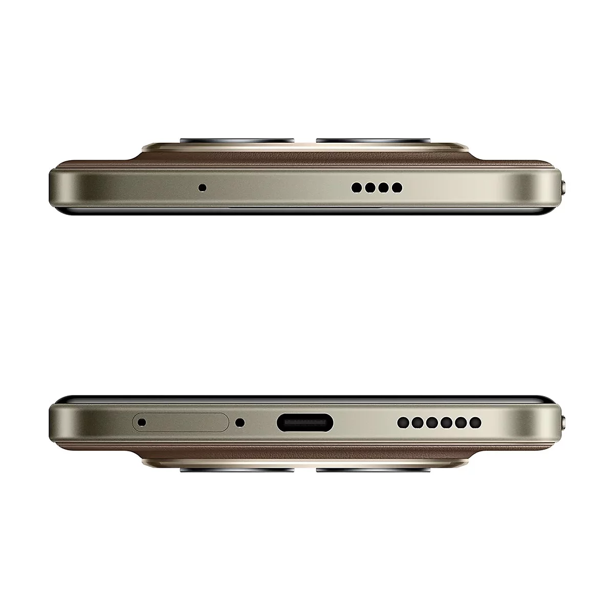 Zwei Nahaufnahmen eines Smartphones von der Seite, das Design der Unter- und Oberseite zeigend. Braune Lederdetails und Lautsprecheröffnungen sind sichtbar.